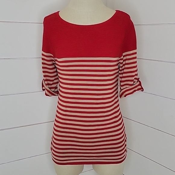 Coldwater Creek Sweaters - COLDWATER CREEK small red & tan striped 1/2 sleeve cotton sweater